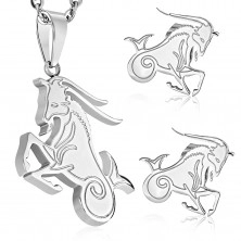 Set made of surgical steel in silver colour, pendant and earrings, zodiac sign CAPRICORN