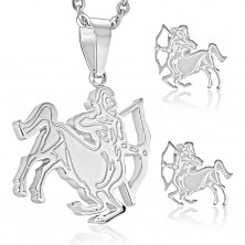 Steel set in silver colour, earrings and pendant, zodiac sign SAGITTARIUS