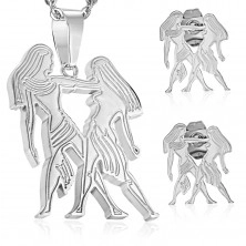 Set made of surgical steel in silver hue, pendant and earrings, zodiac sign GEMINI