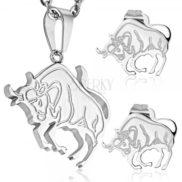 Steel set in silver colour - pendant and stud earrings, zodiac sign TAURUS
