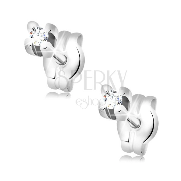 Earrings made of white 14K gold - round clear zircon, 2 mm