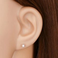 Earrings made of white 14K gold - round clear zircon, 2 mm