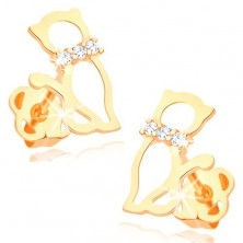 Earrings made of yellow 14K gold - contour of cat with diamond collar