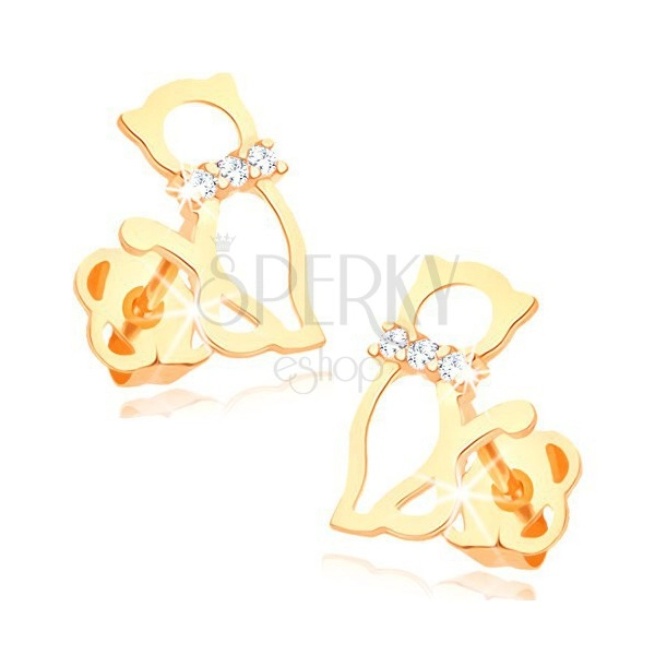 Earrings made of yellow 14K gold - contour of cat with diamond collar