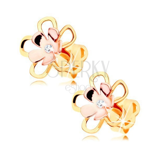 Earrings made of 14K gold - shiny bicoloured flower with clear diamond in the middle