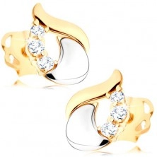 Diamond earrings - shiny teardrop made of 14K white and yellow gold, three clear brilliants
