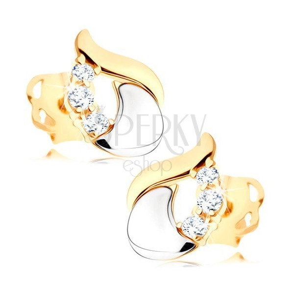 Diamond earrings - shiny teardrop made of 14K white and yellow gold, three clear brilliants