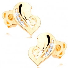 Diamond earrings made of yellow 14K gold - heart composed of two faces, clear brilliants