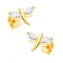 Earrings made of yellow 14K gold - glistening dragonfly, grain diamonds on wings
