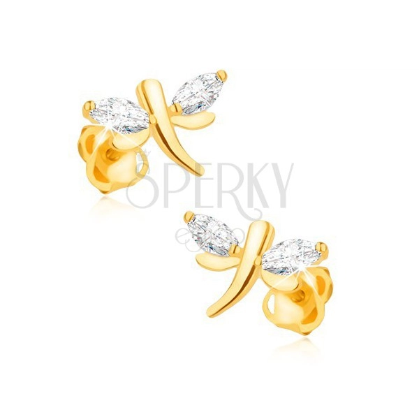 Earrings made of yellow 14K gold - glistening dragonfly, grain diamonds on wings