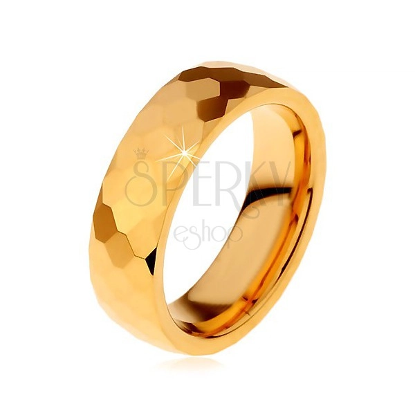 Tungsten ring in gold colour, cut shiny hexagons, 8 mm