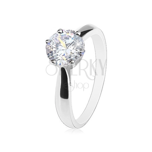 Engagement 925 silver ring, protruding shoulders, round clear zircon