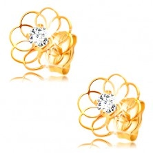 585 gold earrings - thin flower contour with clear zircon in the middle