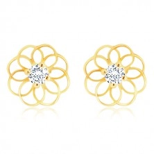 585 gold earrings - thin flower contour with clear zircon in the middle