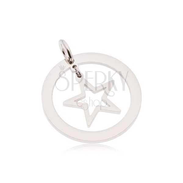 Round pendant made of 316L steel in silver colour, hoop with star