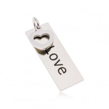 Pendant made of 316L steel in silver colour, rectangle with inscription LOVE, heart