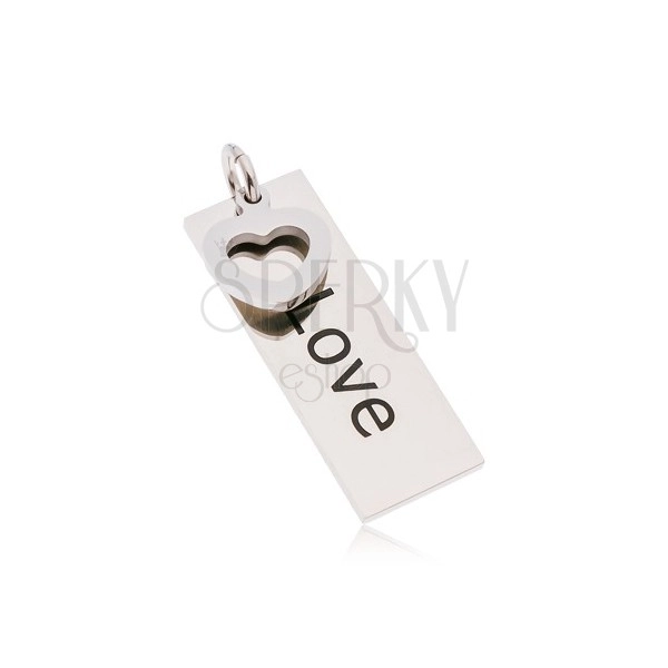 Pendant made of 316L steel in silver colour, rectangle with inscription LOVE, heart