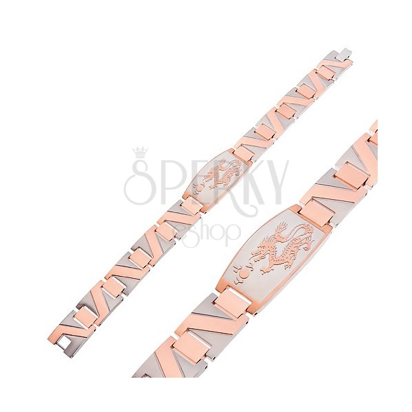 Steel bracelet with Chinese dragon and zigzag strip in copper colour