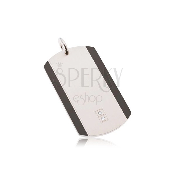 Surgical steel pendant, matt tag in silver colour, black borders, zircons