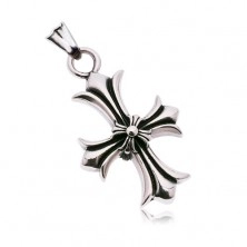 Pendant made of surgical steel, cut Fleur de Lis cross, black patina