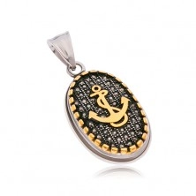 Steel pendant, oval with black zircons, border and anchor in gold colour
