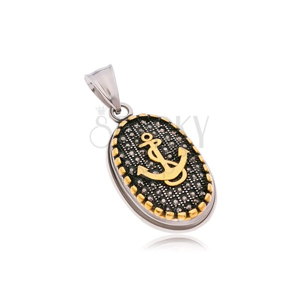 Steel pendant, oval with black zircons, border and anchor in gold colour