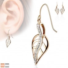 Steel earrings, cutout leaf with wavy line of clear zircons, hooks