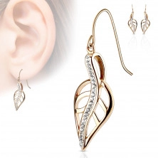 Steel earrings, cutout leaf with wavy line of clear zircons, hooks