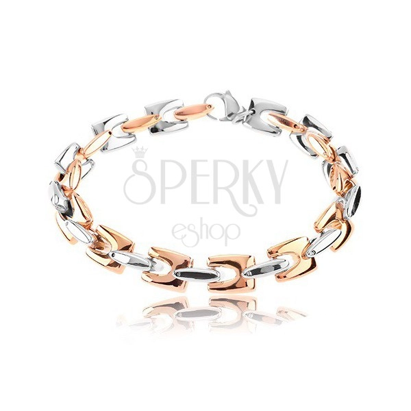 Steel bracelet, shiny angular links in copper and silver colour, 9 mm