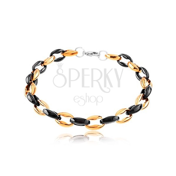 316L steel bracelet, perpendicularly joined oval links, black and copper colour