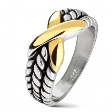 Steel ring in silver colour, notches on shoulders, X in gold colour