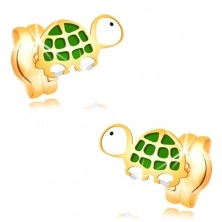 Earrings made of yellow 14K gold - small green-white turtle with black eye