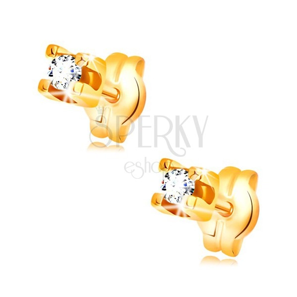 Earrings made of yellow 14K gold - round clear zircon in angular mount, 2 mm