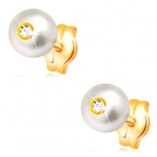 14K gold earrings - round white pearl with embedded clear zircon, 5 mm