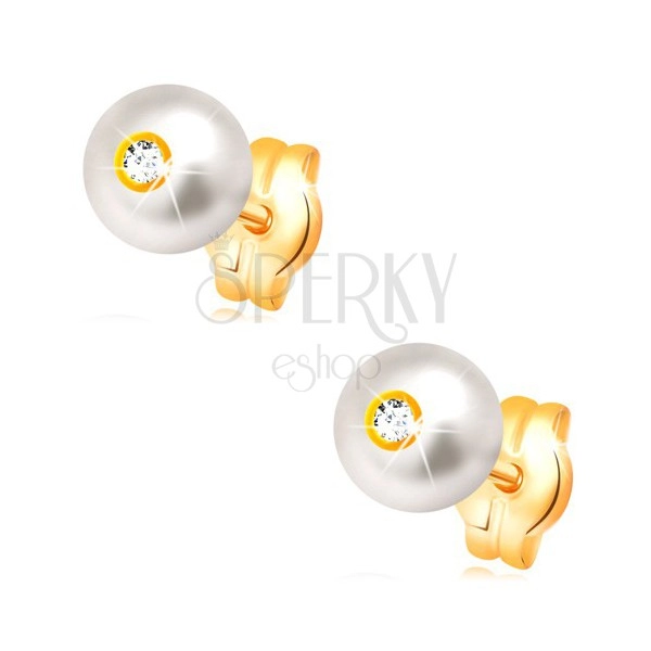 14K gold earrings - round white pearl with embedded clear zircon, 5 mm