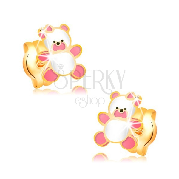 585 gold earrings, bear decorated with pink and white glaze, studs