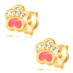 Earrings made of yellow 14K gold, dog's paw with pink glaze and zircons