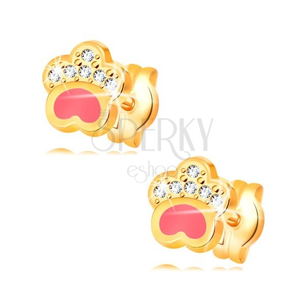 Earrings made of yellow 14K gold, dog's paw with pink glaze and zircons