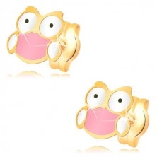 14K gold earrings - glazed wise owl, white and pink colour