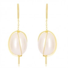 Earrings made of yellow 585 gold - thin lines around oval pearl, chain