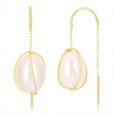 Earrings made of yellow 585 gold - thin lines around oval pearl, chain