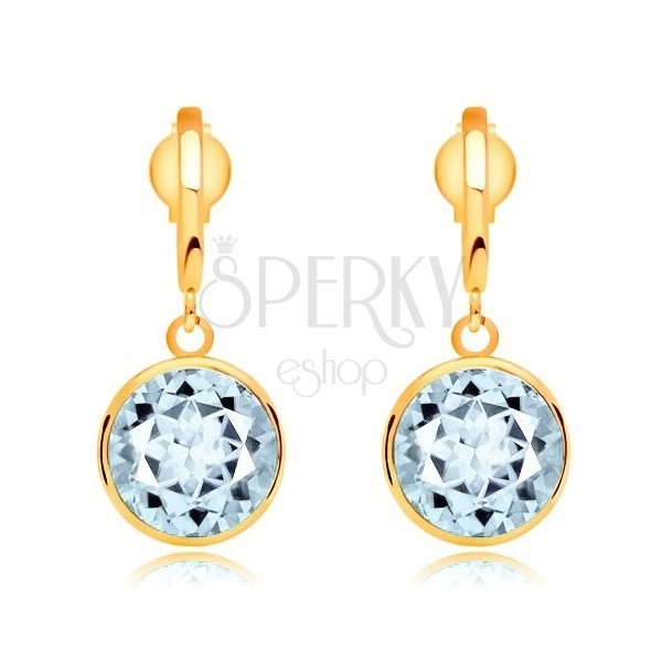 Earrings made of yellow 585 gold - thin arc and cut topaz in blue colour