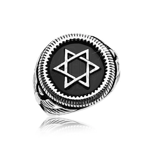 Massive ring in silver colour, 316L steel, Star of David in black circle