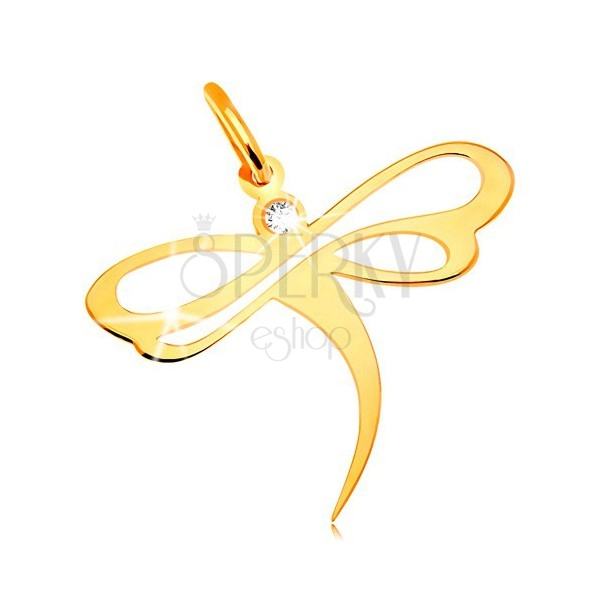 Pendant made of yellow 14K gold - dragonfly with embedded zircon and cutouts on wings