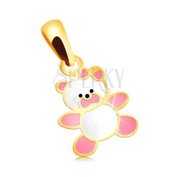 585 gold pendant - bear decorated with pink and white glaze