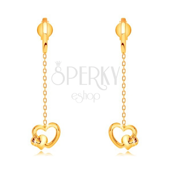 Earrings made of yellow 14K gold - hearts dangling on chain, studs