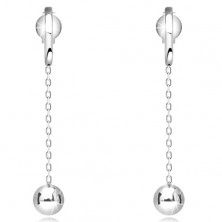 Dangling 585 gold earrings - shiny ball on chain, white gold, studs