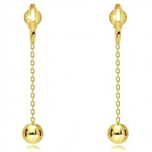 Earrings made of yellow 585 gold - shiny ball dangling on chain, studs