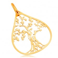 Pendant made of yellow 14K gold - patulous tree in big drop contour