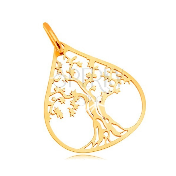 Pendant made of yellow 14K gold - patulous tree in big drop contour